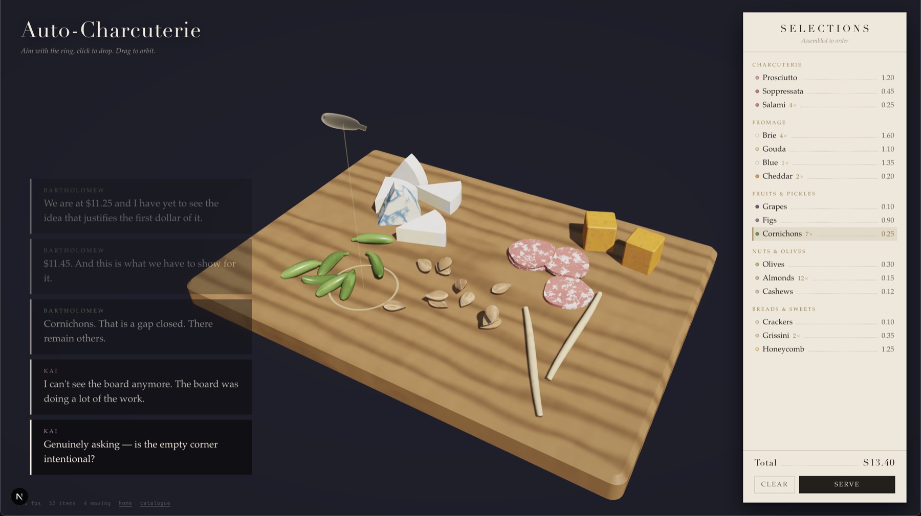 The board scene: a wooden cutting board with cheese wedges, salami, cornichons and breadsticks scattered across it, a live selections menu on the right, and the judges heckling on the left