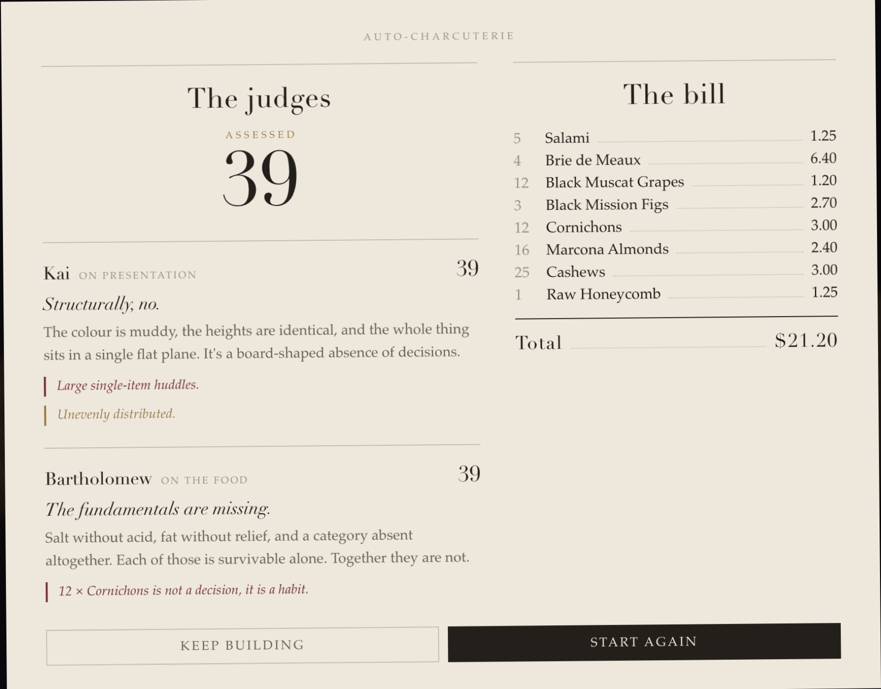 The results card: two judges each score 39, next to an itemised bill totalling $21.20